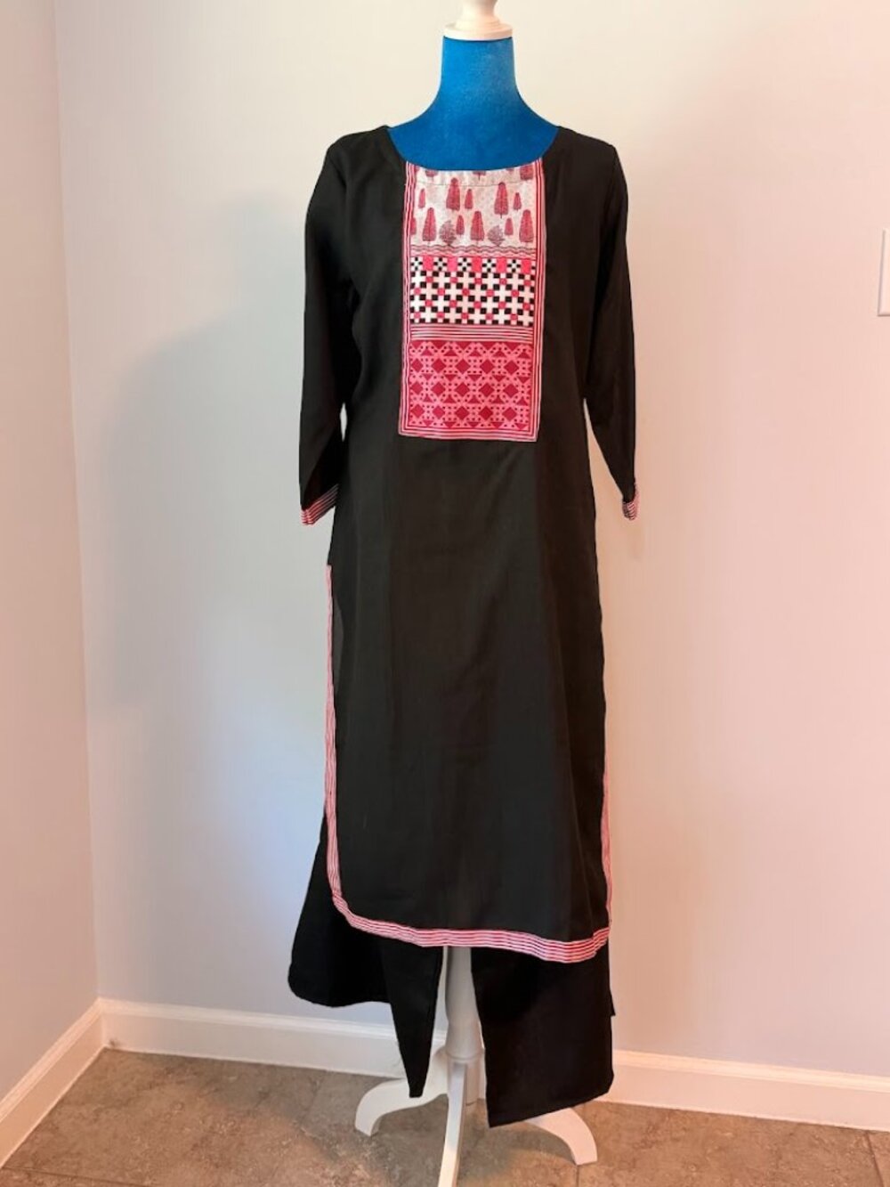 Black & Red Kurti Set Embroidered Panel with Matching Pants